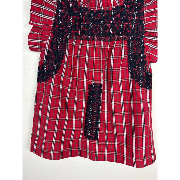 J. Marie Rayna Embroidered Ruffle Plaid Top Small Red Cottage Preppy - Picture 5 of 9